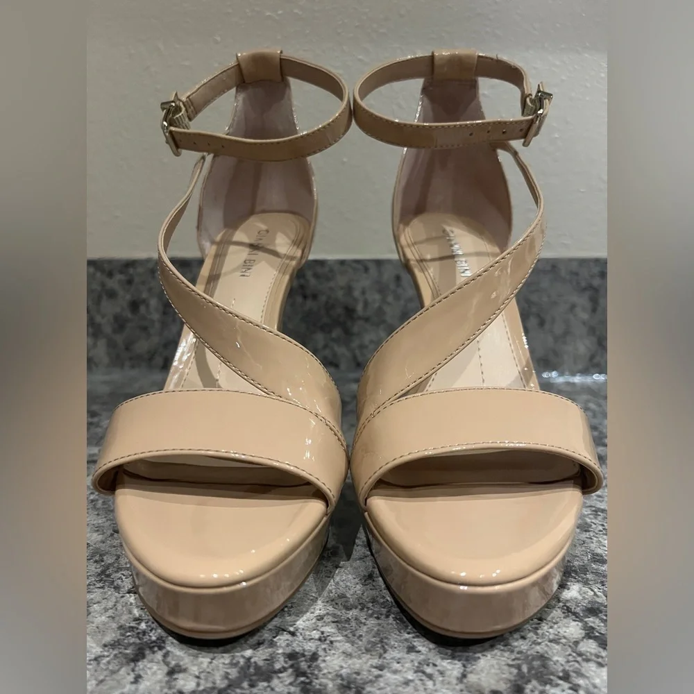 Gianni Bini Nude Patent Platform Ankle Strap Heels